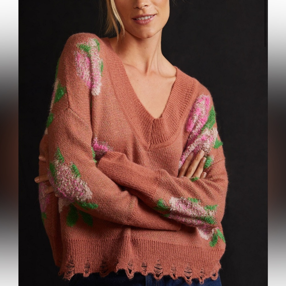 Anthropologie V-Neck Sweater - Pink and Green Floral